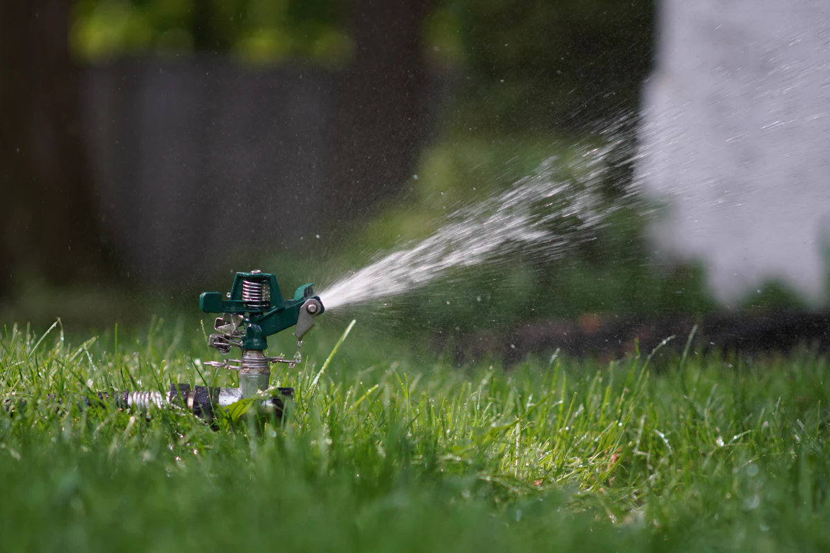 Lawn sprinkler head spraying water across green grass